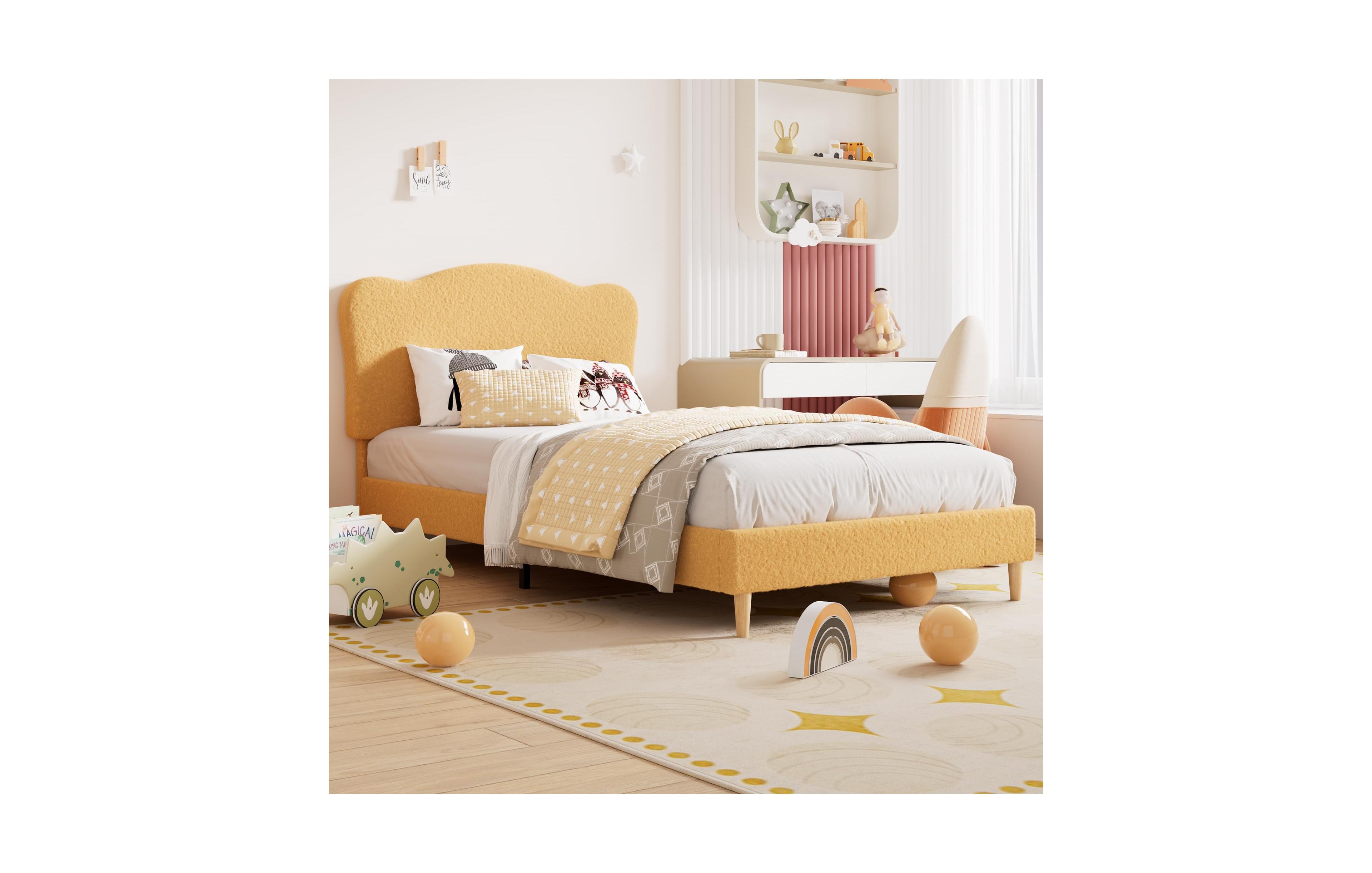 gaomon Twin Size Bed Frame for Kids with Scallop Headboard, Cute Velvet Twin Bed for Girls, Boys, Sturdy Platform Bed