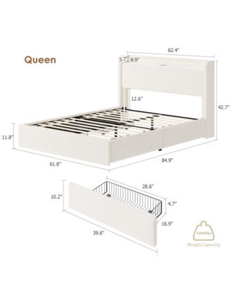 Queen Size Boucle Bed Frame with Storage Headboard, Charging Station and LED Lights