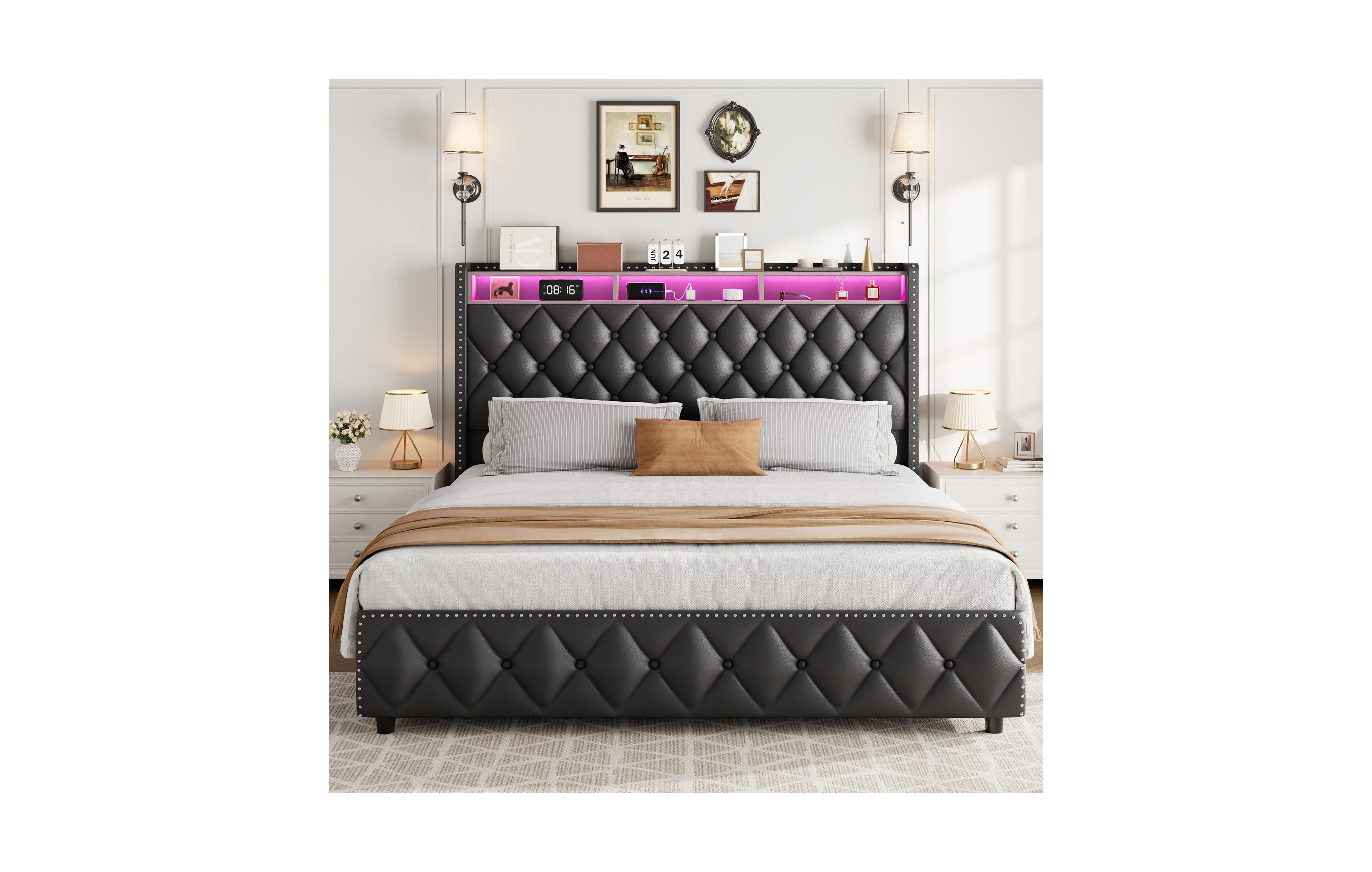 Gaomon Queen Bed Frame with 50.8" Tall Headboard, Platform Velvet Upholstered Bed Frame with 4 Storage Drawers
