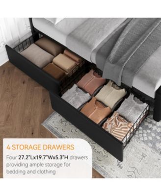 Queen Bed Frame with Headboard and 4 Storage Drawers, Platform Bed Frame Square Stitched Button Tufted