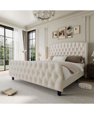 51" Tall Queen Size Bed Frame with Deep Button Tufted Wingback Headboard and Footboard
