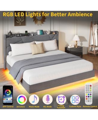 Full Size Floating Bed Frame, Suspended Bed with RGB LED Lights and Charging Station