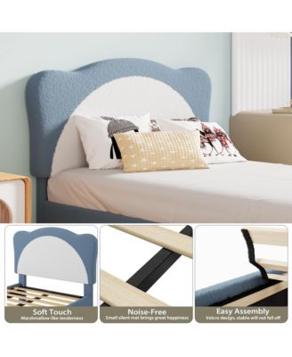 Upholstered Full Size with Adjustable Scallop Headboard, Velvet Princess Design Platform Bed Frame for Kids