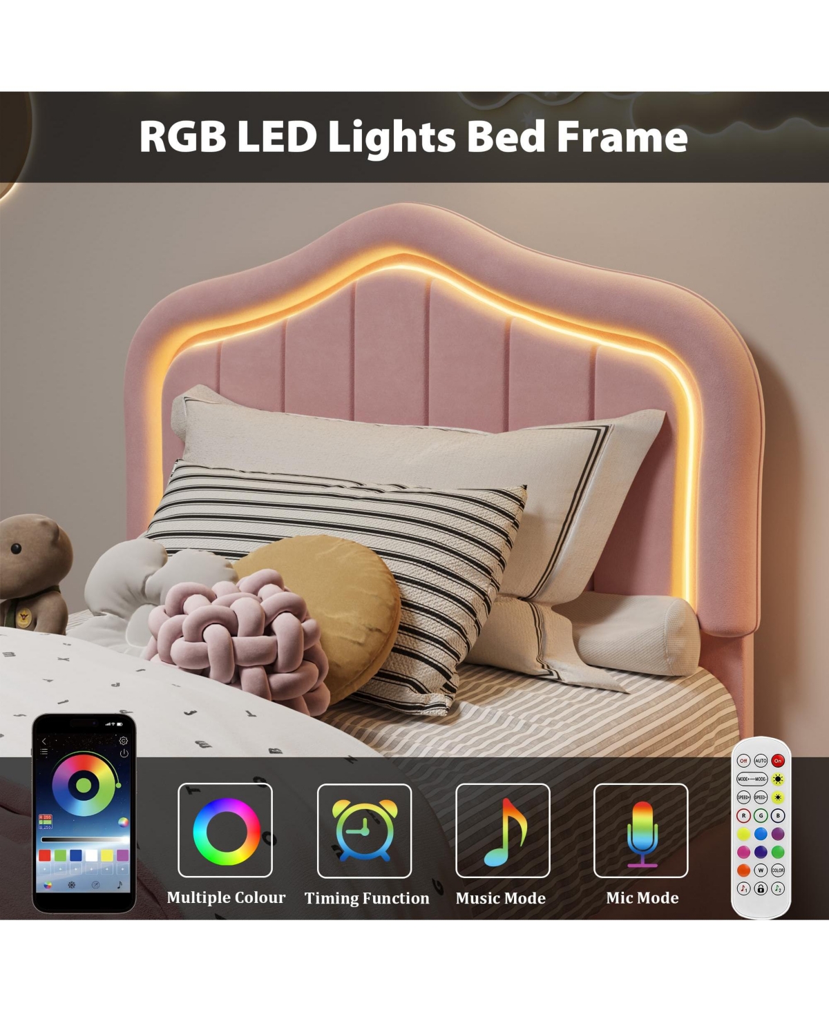 gaomon Twin Upholstered Bed Frame with Storage Drawer and Smart Led Headboard, Twin Size Platform Bed Frames for Kids