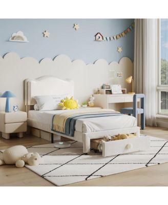 Upholstered Twin Bed Frame with Storage Drawer & Scallop Headboard, Princess Twin Size Platform Bed Frames
