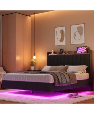 King Floating Bed Frame with LED Lights & Charging Station, Upholstered Platform Bed with Storage Headboard