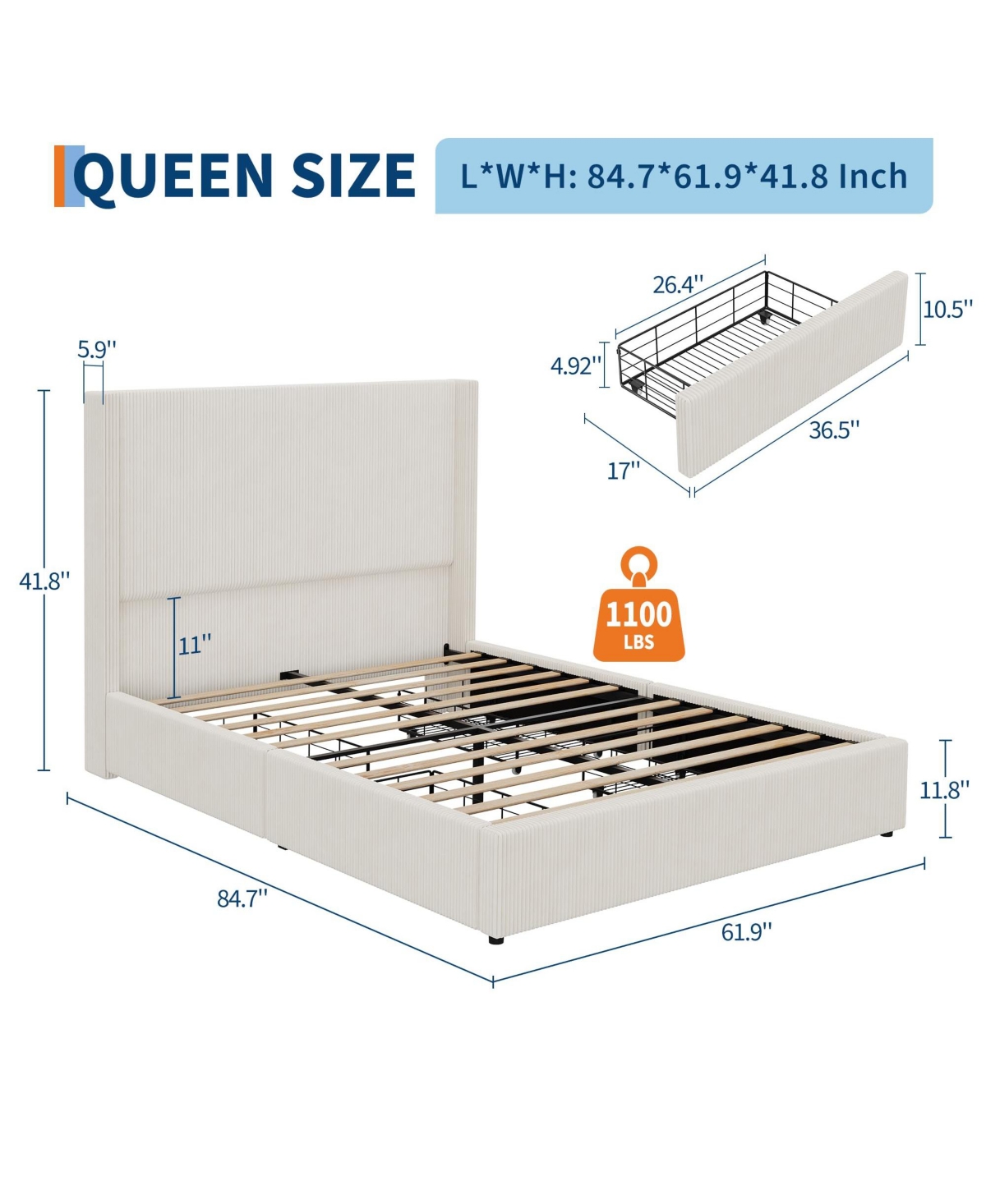 Gaomon Queen Size Upholstered Platform Bed Frame with Storage Drawers, Corduroy Wingback with Tufted Headboard and Footboard