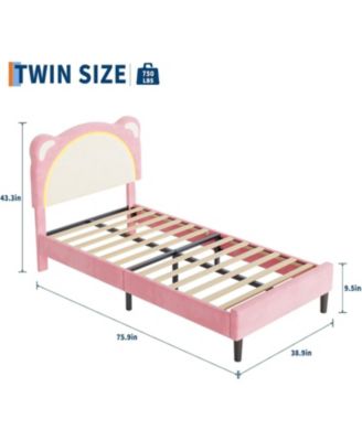 Twin Kids Bed Frame, Upholstered Platform with Adjustable Headboard & LED, Wooden Slats, No Box Spring