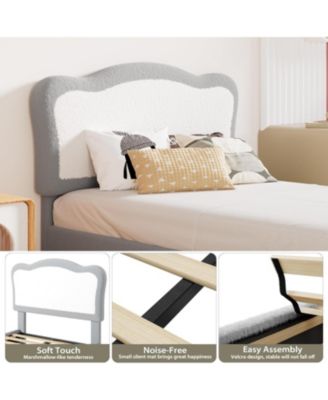 Twin Velvet Bed Frame for Kids – Upholstered Scallop Headboard, Sturdy Platform, Wooden Slats,Grey White