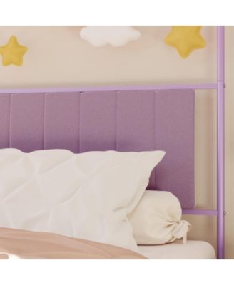 Twin Canopy Bed with Fabric Headboard, Metal Platform Frame with Strong Slats