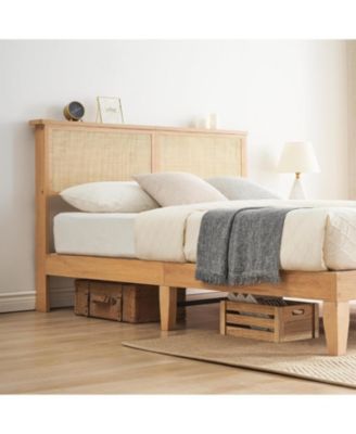 Rattan Bed with Natural Cane Headboard, Boho Platform Bed with LED Lights, Solid Wood Slats, No Box Spring Needed, Noise-Free