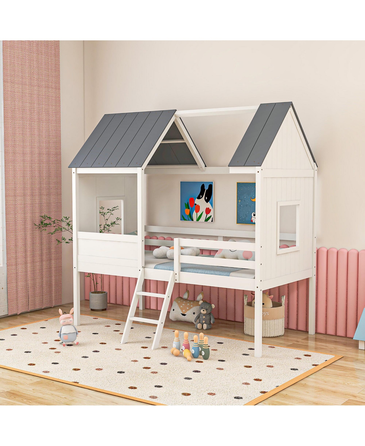 Gymax Twin Low House Bed Wooden Loft Bed with Ladder Roof Windows Slatted Support