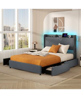 Bed Frame w/LED Lights Charging Station 2 Storage Pockets & 4 Drawers