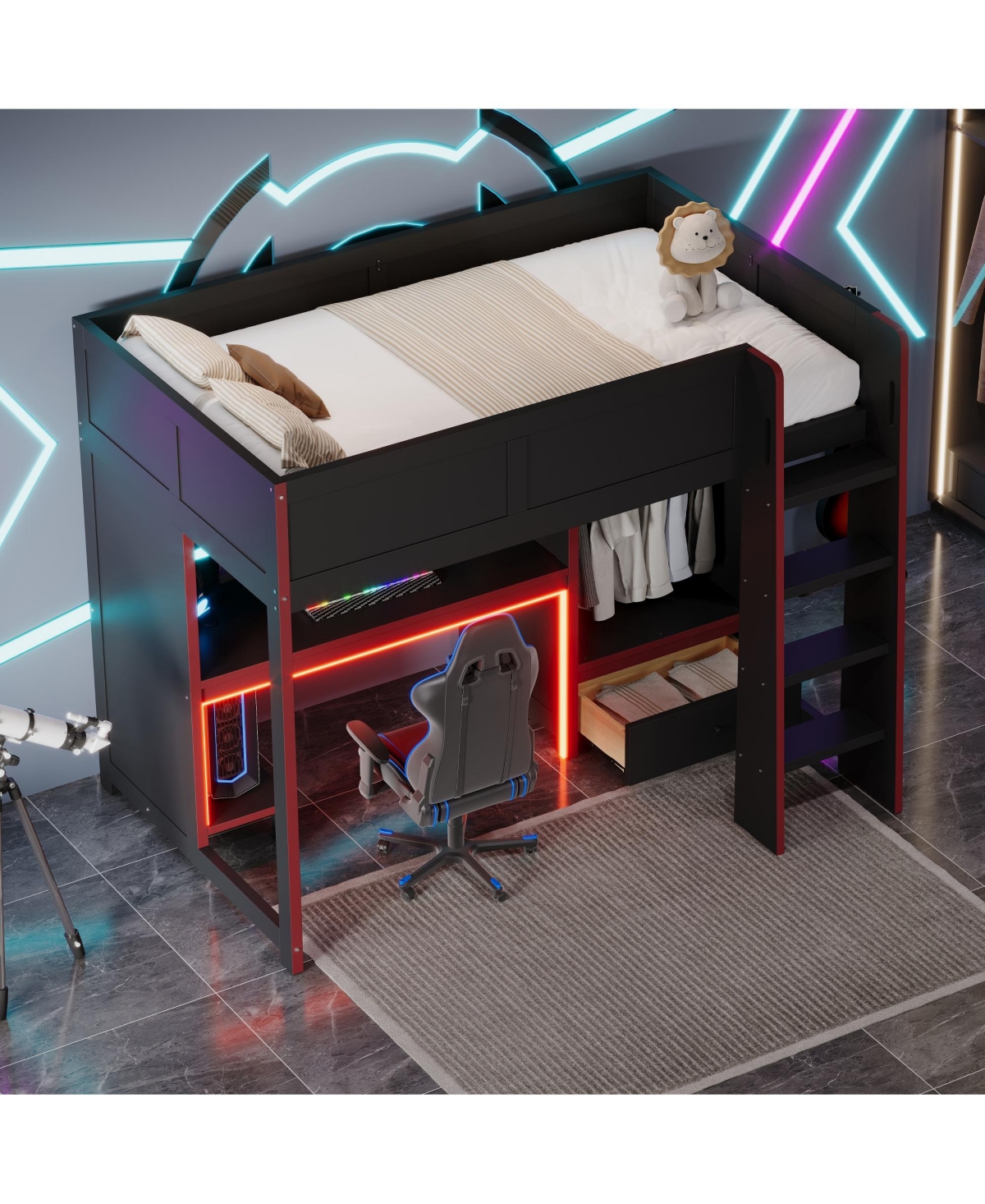 Flynama Black Wood Twin Size Loft Bed with BuiltIn Desk Wardrobe and Storage Drawer Led Lighting Space Saving Furniture for Kids and Teens Bedrooms