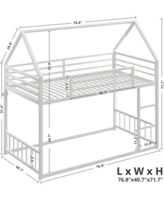 Bunk Bed Twin Over Twin with Ladder and Guardrail, House Shaped with Metal Slats for Dormitory and Bedroom