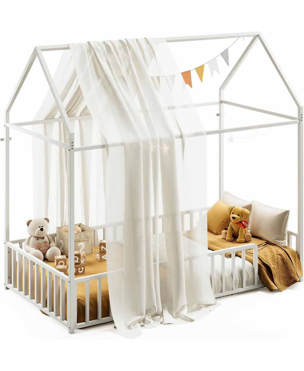 Likimio Twin Floor Bed Frame with Roof & Guardrails, Metal House Bed, White, No Box Spring