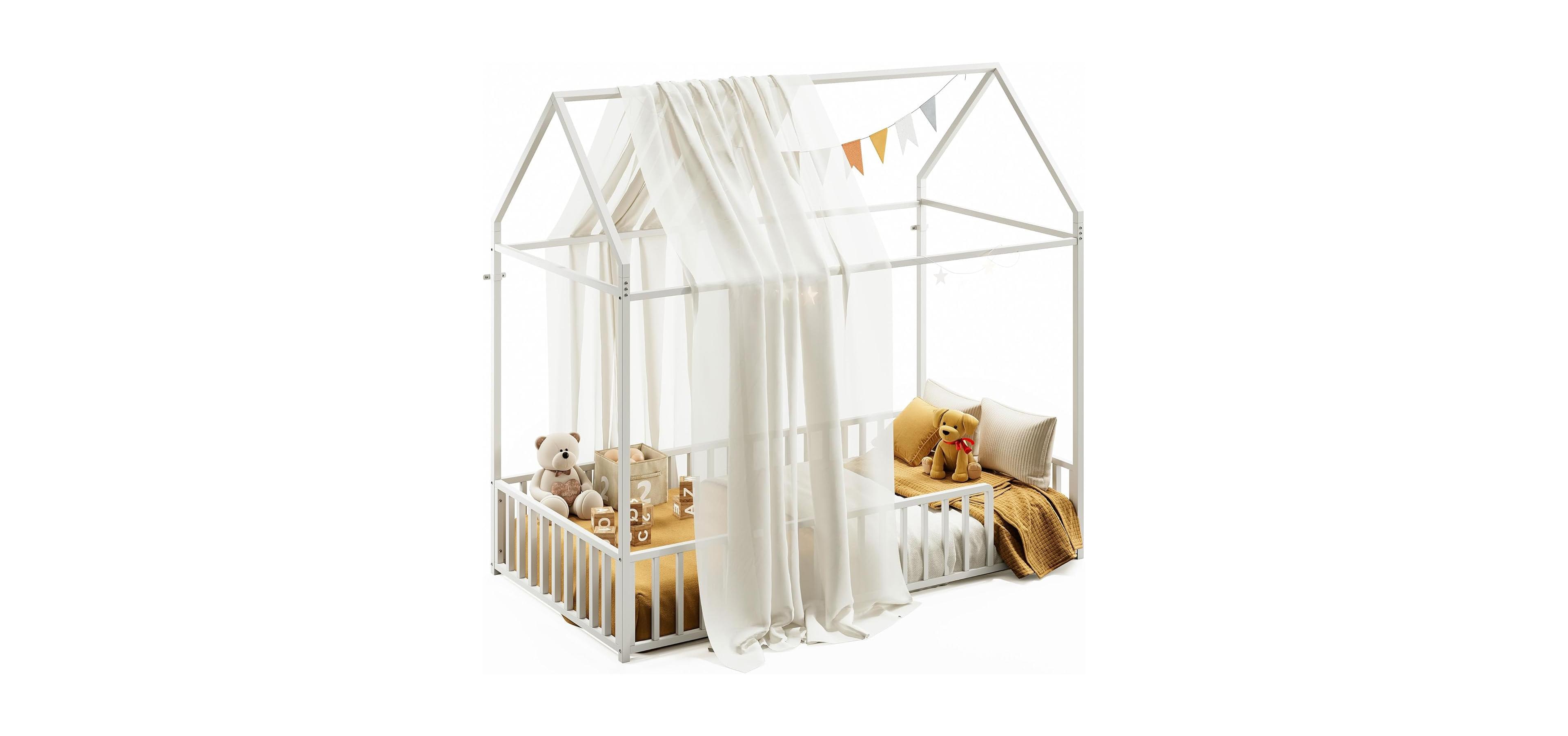 Likimio Twin Floor Bed Frame with Roof & Guardrails, Metal House Bed, White, No Box Spring