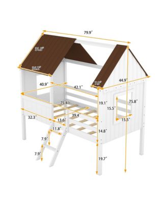 Twin Size Low Loft Wood House Bed With Two Side Windows