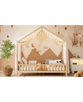 Montessori Floor Bed with Canopy, Full Size House Shape Toddler Bed Frame
