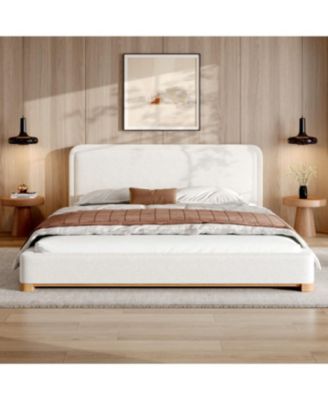 King Size Boucle Upholstered Curved Headboard Bed Frame, White