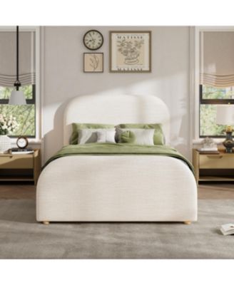 Twin Size Linen Upholstered Curved Headboard Bed Frame, Beige