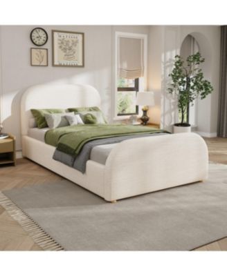 Twin Size Linen Upholstered Curved Headboard Bed Frame, Beige