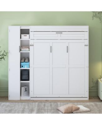  Queen Size Murphy Bed Wall Bed with Shelves, Wardrobe and LED