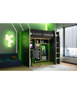 Full Size Wood Loft Bed with Desk, Wardrobe, Storage & RGB Lights