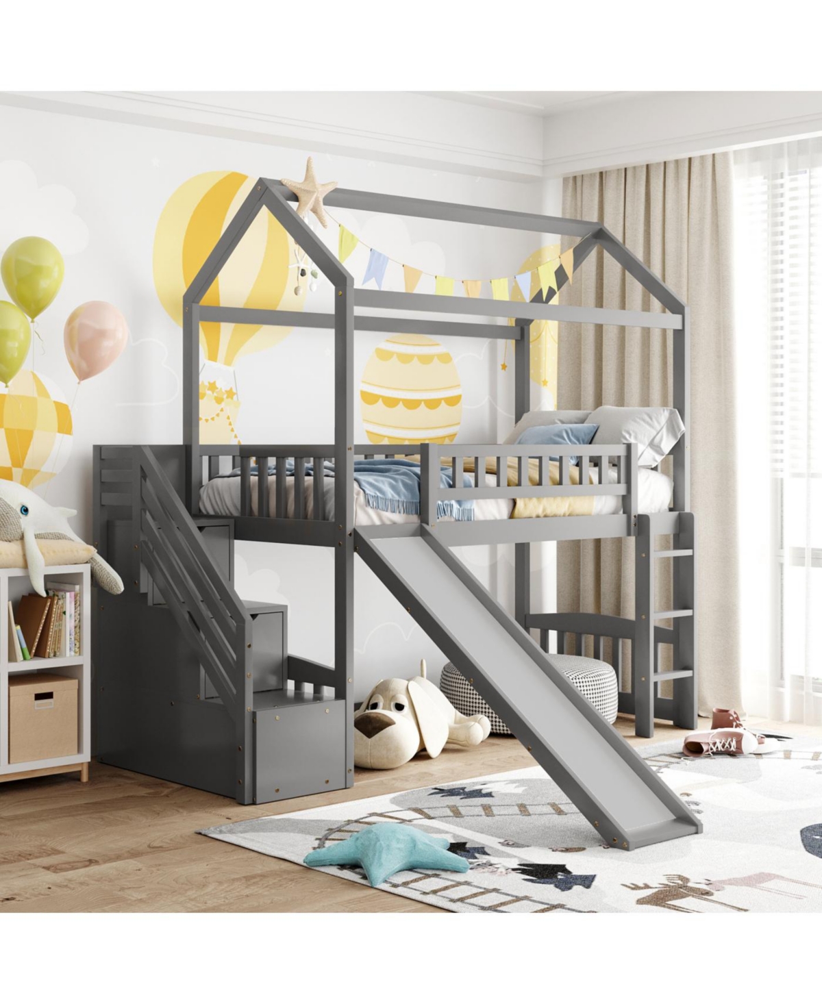 Streamdale Furniture Twin Loft Bed with Drawers and Slide, Gray