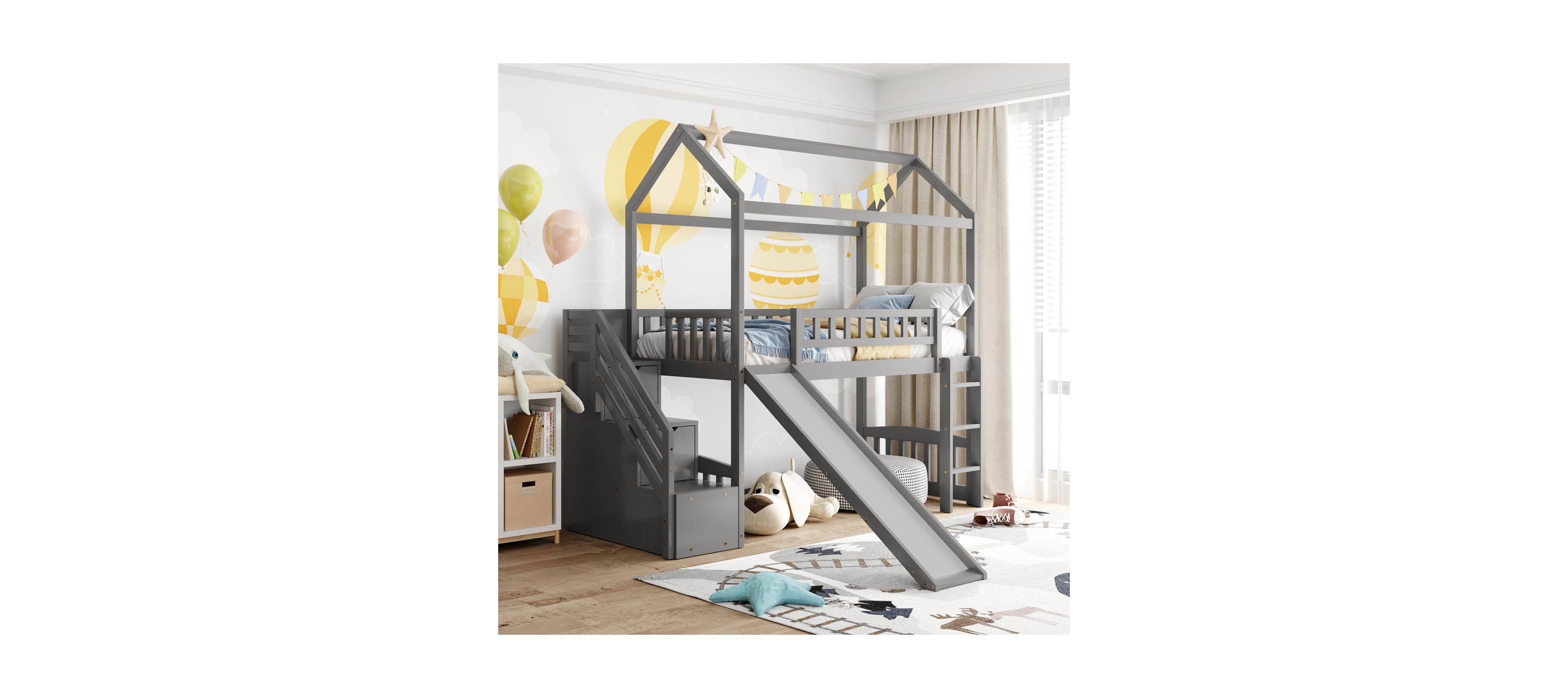 Streamdale Furniture Twin Loft Bed with Drawers and Slide, Gray
