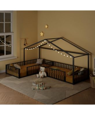 Streamdale Metal L-Shaped Montessori House Bed Frame for 2 Kids, Black