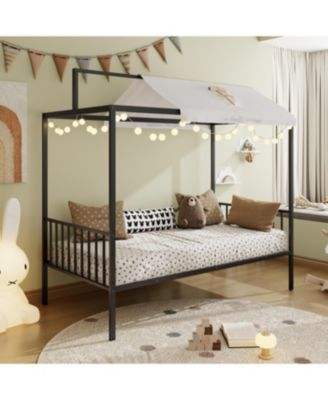 Streamdale Montessori 3-in-1 Convertible Metal Toddler Bed with Canopy, Twin, Black