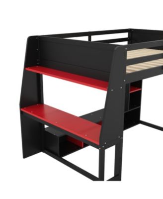 Streamdale Wood Gaming Loft Bed w/ Desk, Shelves, LED, Rack, Black