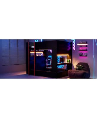 Wood Gaming Bunk Bed with Desk, Storage, LED & Charging Station