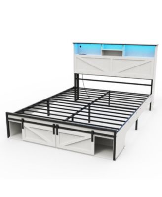 Farmhouse Queen Storage Bed Frame with Charging Station & LED Lights, White