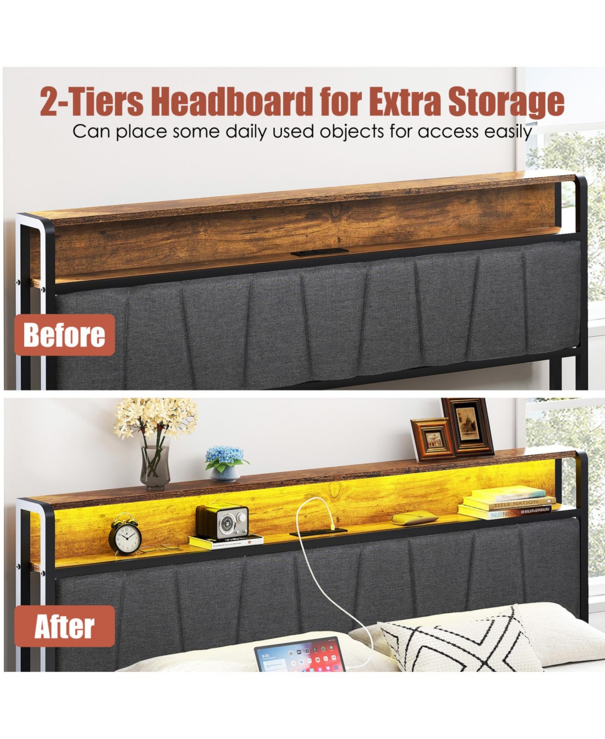 Streamdale Queen-Size Upholstered Platform Bed Frame with Storage, Usb Ports, Headboard, Brown