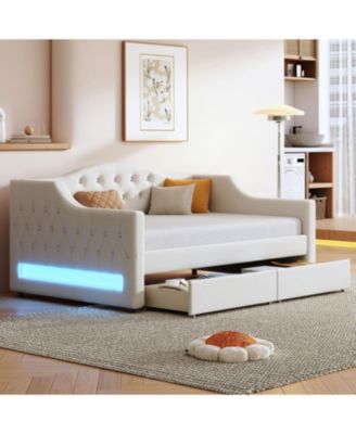 Upholstered Twin XL Size Daybed with LED Belt and 2 Drawers
