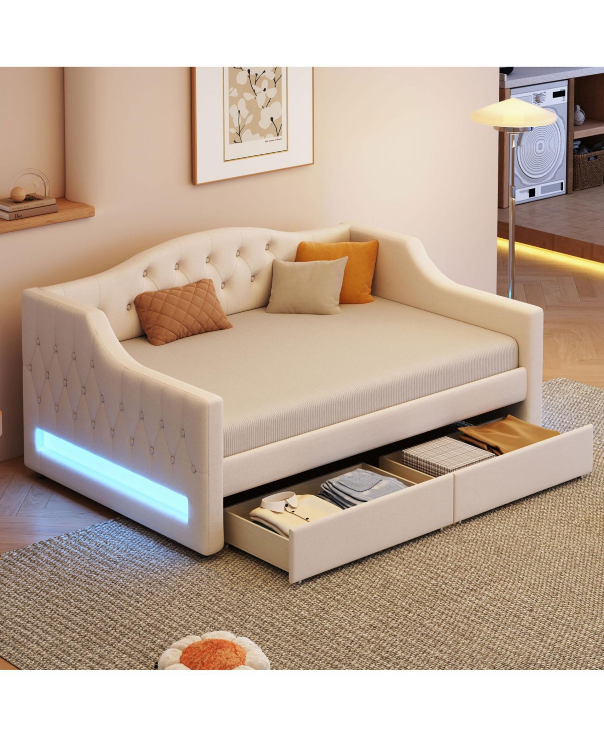 Streamdale Furniture Upholstered Twin Xl Daybed with Led Belt and 2 Drawers