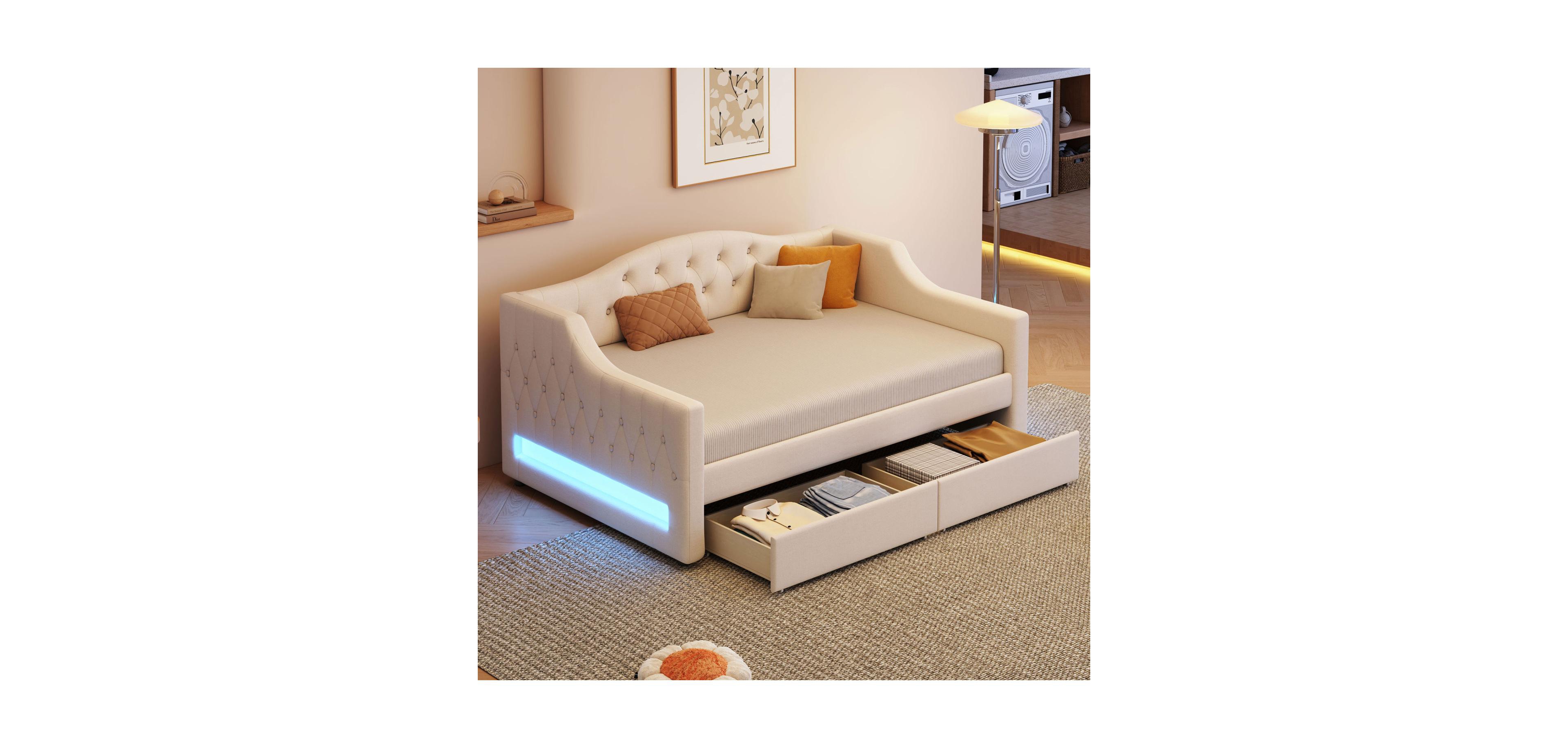 Streamdale Furniture Upholstered Twin Xl Size Daybed with Led Belt and 2 Drawers