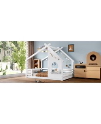 Full House Floor Bed with Window & Shelf, Solid Wood, White
