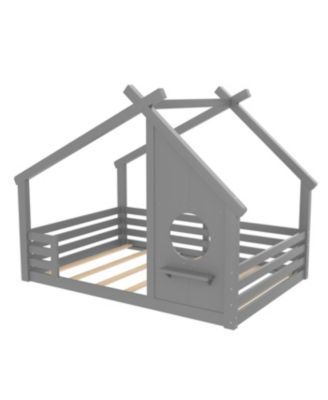  Full House Floor Bed with Window & Shelf, Solid Wood, Grey