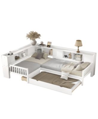 L-shaped Twin Platform Bed with Trundle, Storage Drawers & Shelves, White