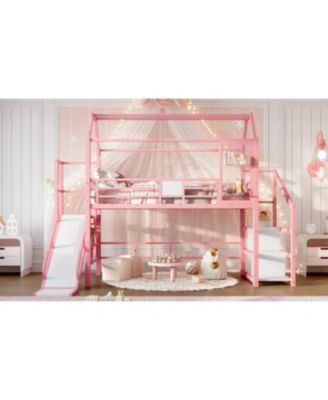 Twin Loft Bed with Slide, Stairs, Storage Shelves & Roof - Pink