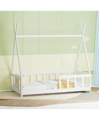 Montessori Floor Bed Frame for Kids with Guardrail, White