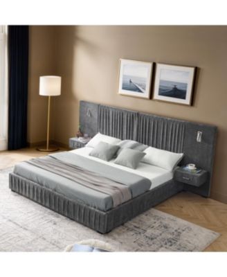 Queen Size Chenille Upholstered Bed Frame with Pleated Design - Dark Grey