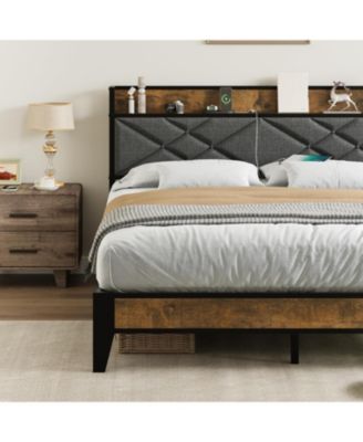Metal Platform Bed Frame with Charging Station, Tufted Headboard, Storage Shelf & Steel Slats