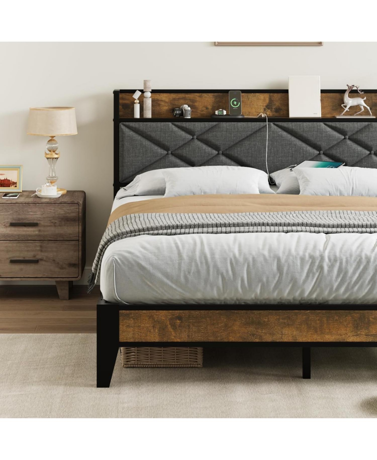 gaomon Metal Platform Bed Frame with Charging Station, Tufted Headboard, Storage Shelf & Steel Slats