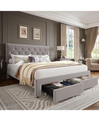 Bed Frame with 2 Storage Drawers, Vintage Velvet Upholstered Bedframe with Wooden Slat Support and Button Tufted Wingback Headboard - King