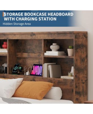 Wood Bed Frame with Storage Drawers & Bookcase Headboard, Built-in Charging Station, No Box Spring Needed