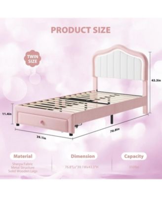 Upholstered Bed Frame with Storage Drawer and Smart LED Headboard, Twin Size Platform Bed Frame for Kids, Wooden Slats Support